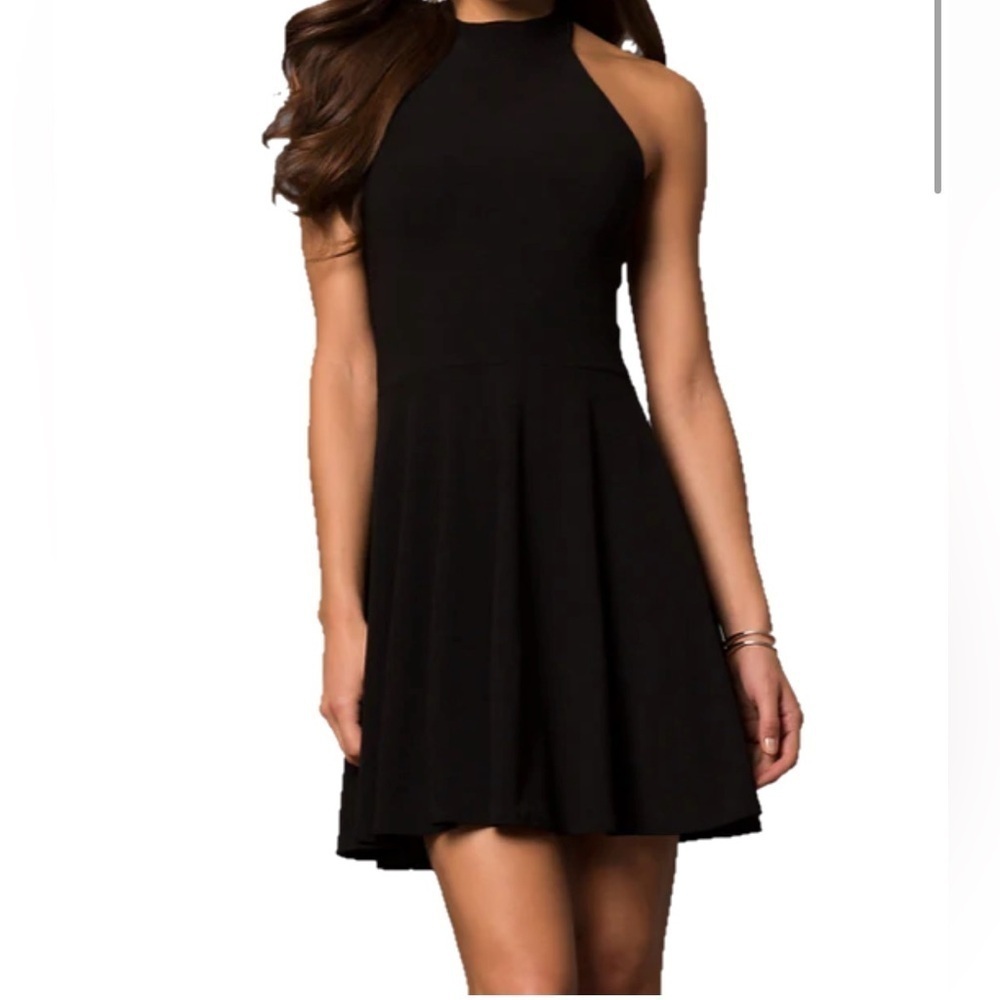 NWT Cheryl Creations Black Halter Skater Mini Dress Tie Back Stretch Small